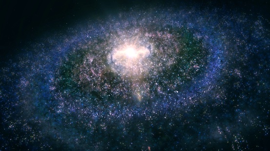 Giant blue alien spiral galaxy in deep space. Concept 3D illustration of fictional galactic stellar milky way supercluster created without third-party elements depicting strange worlds in universe.