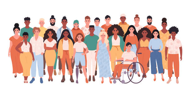 crowd of different people of different races, body types, person with disability. multicultural society. social diversity of people in modern society. hand drawn vector illustration - çeşitlilik stock illustrations