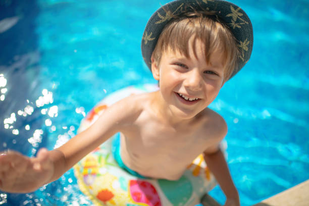 istock Happy child with inflatable ring near the pool 1406074956