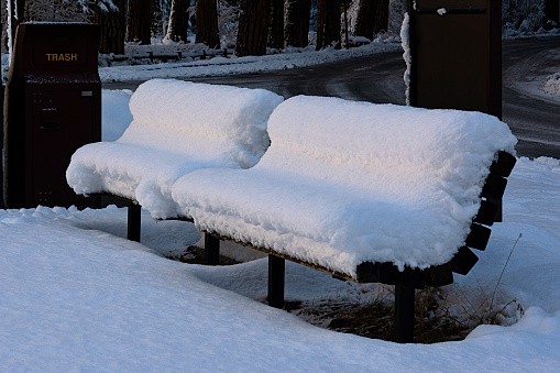 Snow covered benches at Yosemite National Park