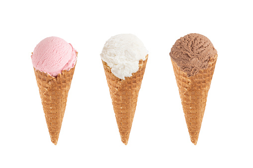 Three cones of different ice cream on white background