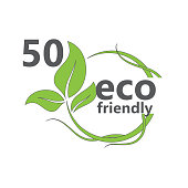 istock 50% Eco friendly stamp icons Vector illustration with Green organic plant leaf. Eco friendly green leaf label sticker. 2d vector illustration. 1406076184