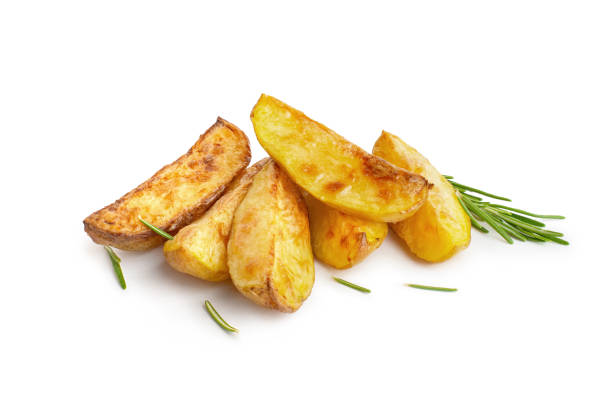 Baked potatoes with rosemary on white