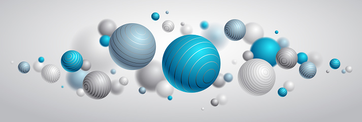 Realistic lined spheres vector illustration, abstract background with beautiful balls with lines and depth of field effect, 3D globes design concept art.