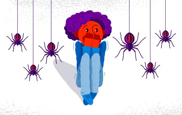 Vector illustration of Arachnophobia fear of spiders vector illustration, boy surrounded by spiders scared in panic attack, psychology mental health concept.