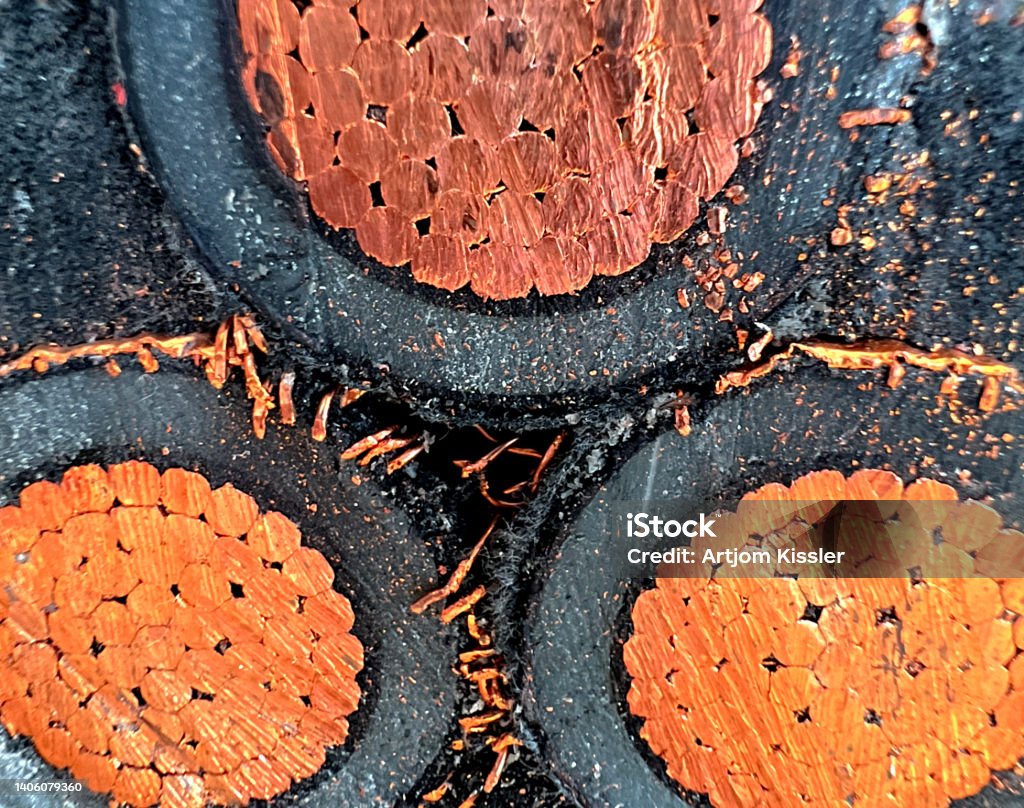 A macro image of cut and thick copper cable. Cable Stock Photo