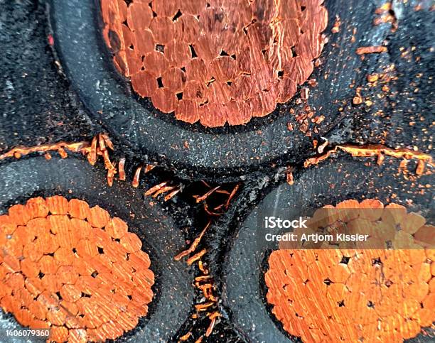 A Macro Image Of Cut And Thick Copper Cable Stock Photo - Download Image Now - Cable, Copper, Abstract