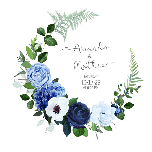 Classic blue, navy garden rose, white hydrangea flowers, anemone, thistle, eucalyptus Classic blue, navy garden rose, white hydrangea flowers, anemone, thistle, eucalyptus, ranunculus vector design wedding frame. Eucalyptus, greenery. Floral watercolor style card. Isolated and editable blue roses stock illustrations