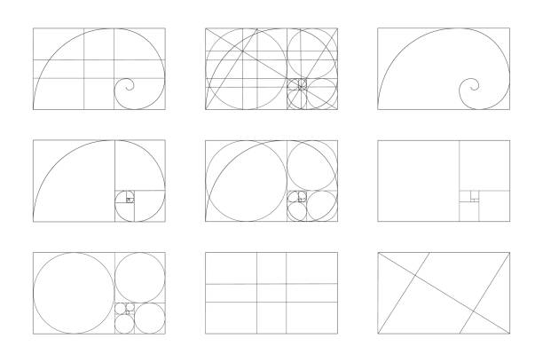 Golden ratio template set. Fibonacci sequence signs. Logarithmic spiral in rectangle frame fracted on lines, squares and circles. Ideal symmetry proportions layout Golden ratio template set. Fibonacci sequence signs. Logarithmic spiral in rectangle frame fracted on lines, squares and circles. Ideal symmetry proportions layout. Vector graphic illustration fractal stock illustrations