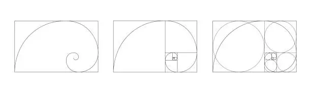 Vector illustration of Golden ratio icons set. Logarithmic spiral in rectangle frame fracted on squares and circles. Fibonacci sequence sign. Ideal symmetry proportions template for photography