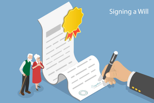 3D Isometric Flat Vector Conceptual Illustration of Signing a Will 3D Isometric Flat Vector Conceptual Illustration of Signing a Will, Testament Drafting, Notary Service retirement planning advisor stock illustrations