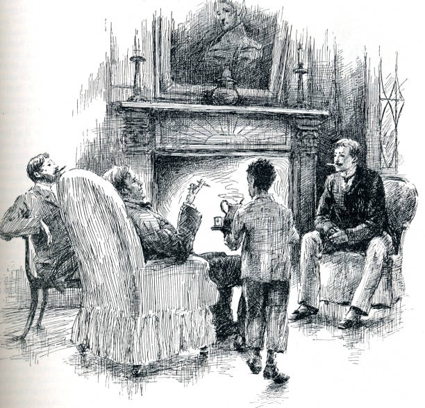 Louisianna Plantation Home in 19th century Boy slave brings drinks to Plantation owner in a Louisiana plantation home. african slaves stock illustrations