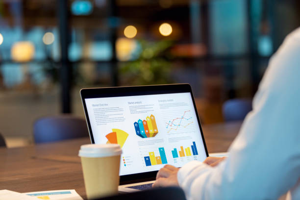 istock Close up of businessman using a laptop with graphs and charts on a laptop computer. 1406088813