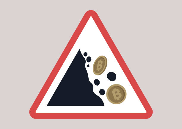 ilustrações, clipart, desenhos animados e ícones de um sinal de estrada de deslizamento de montanha com bitcoins em vez de queda de rochas, um conceito de queda do mercado de criptomoedas - cliff finance risk uncertainty