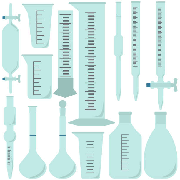 Glass volumetric glassware set, laboratory glassware and equipment Glass volumetric glassware set, laboratory glassware and equipment vector illustration flask funnel stock illustrations