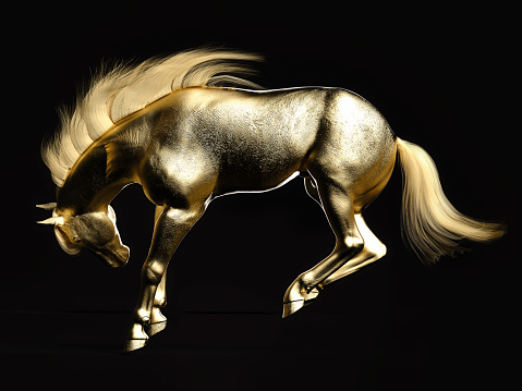 Leaping golden horse statue on dark background. 3D illustration.
