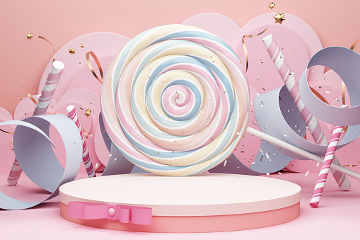 platform pink bow ribbon style deco pastel ripple stand product commercial display advertisement cute candy circle background baby concept lollipop confetti celebrate birthday theme. 3D Illustration.