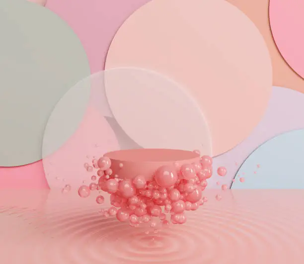 Photo of platform pink bubbles foam style deco pastel ripple stand product cute fresh concept circle background.