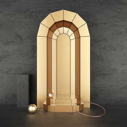 Platform and podium golden retro arches elegant and luxurious on stone floor and black concrete walls. product minimal style display advertisement. Place fashion and cosmetic beauty. 3D Illustration.