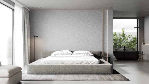 istock Minimalist bedroom interior design with big bed and concrete wall, 3d render 1406096806