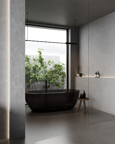 Interior of modern bathroom with white marble and wooden walls, wooden floor, comfortable white bathtub standing near window and cozy sink with vertical mirror in background. 3d rendering