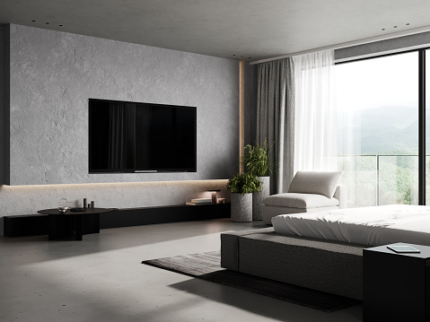 Wall with TV in modern bedroom interior with big window and bed, 3d rendering