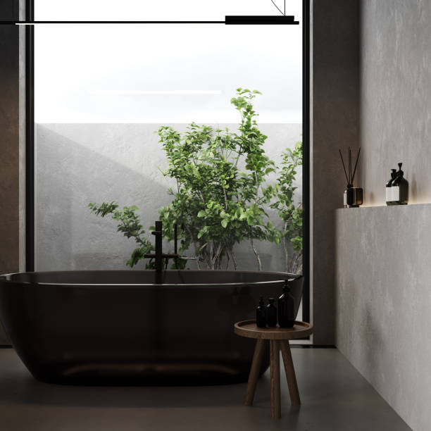 istock Close up modern bathroom with big window and glass bathtub, concrete wall, 3d rendering 1406096815
