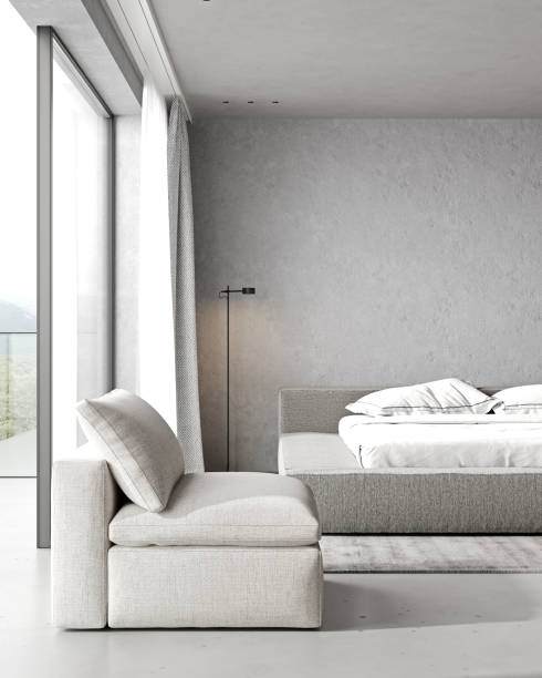 istock Cozy armchair in minimalist bedroom interior design, concrete wall, 3d rendering 1406096826