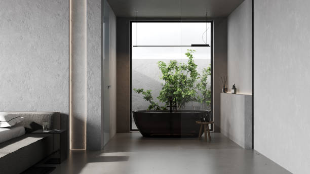 современная белая ванная комната в современной бетонной спальне, минималистичный стиль, 3d рендеринг - candlelight concrete bathtub candle стоковые фото и изображения
