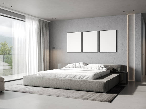istock Mockup posters on light concrete wall with a cozy bed, stylish background, 3d render, 1406096854
