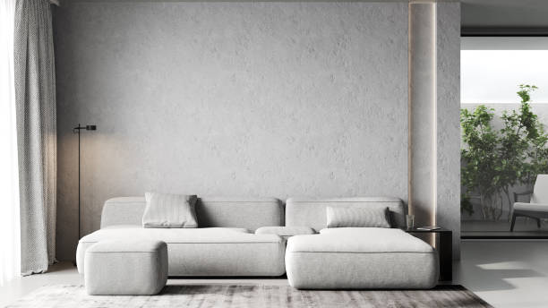 istock Stylish light living room interior with gray sofa, modern interior background, empty concrete wall mockup, 3d illustration 1406096856