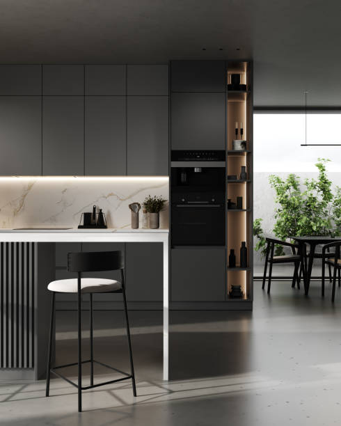 Modern dark grey kitchen interior, 3d rendering