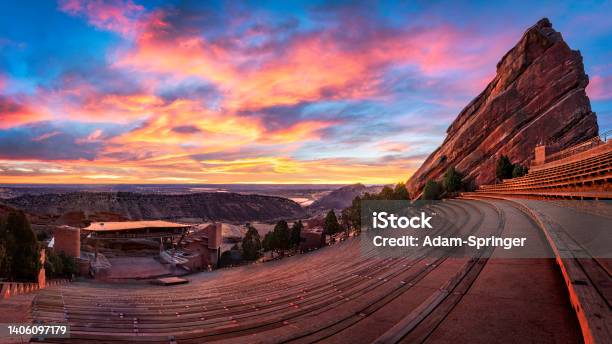 Red Rocks Amphitheater At Sunrise Stock Photo - Download Image Now - Red Rocks, Colorado, Denver