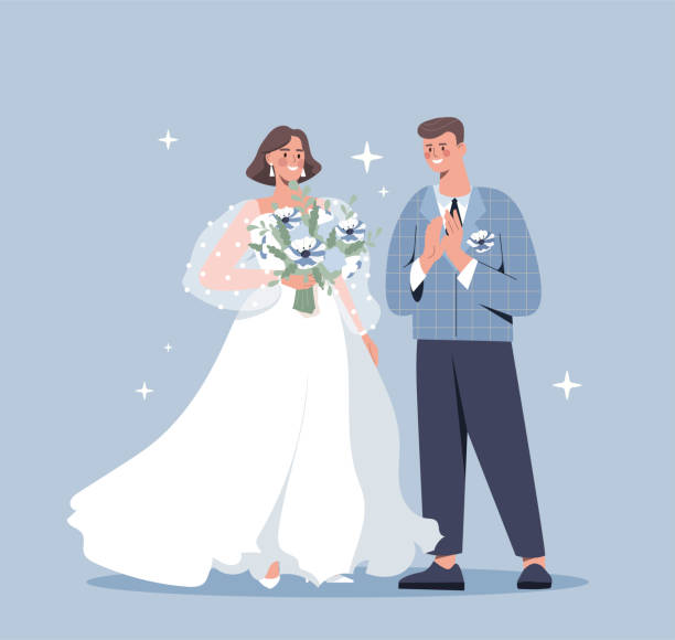 Bride and groom at wedding Bride and groom at wedding. Guy and girl smiling. Young and happy family, traditional rituals. Holiday, design for greeting and invitation card, couple in love. Cartoon flat vector illustration wedding cartoon stock illustrations