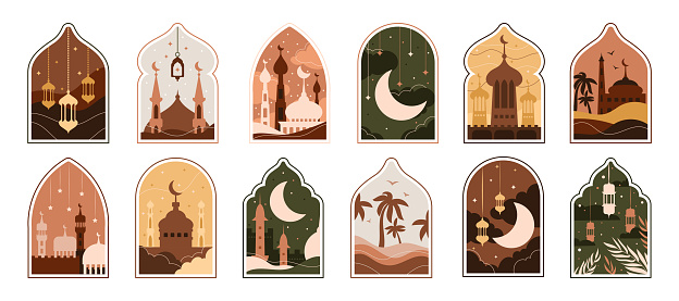 Ramadan Eid Mubarak. Modern Islamic pattern. Ramzan post art with Boho arch. Card frame with Arabian mosque towers and moon sky. Religious holiday. Night landscape. Vector design illustration set