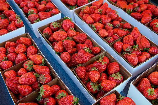 Close-up of organic strawberries for sale at outdoor farmer's market.\n\nTaken in Santa Cruz, California, USA.