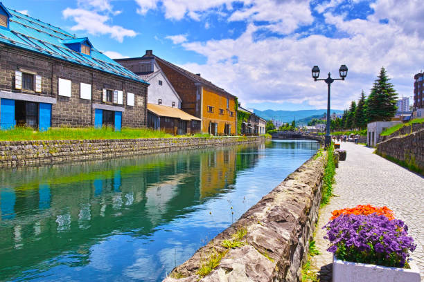 Fresh green Hokkaido Otaru City, warehouses on the Otaru Canal on the south side seen from the direction of Chuo Bridge