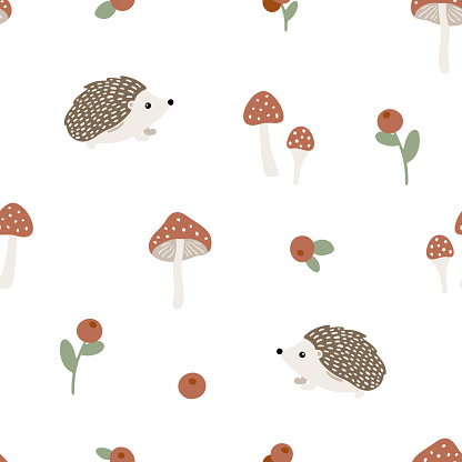 Vector seamless pattern with charming hedgehogs, berries and mushrooms. Hand drawn childish background with forest animals. Kids texture for apparel, textile and wallpaper. Cute woodland illustration