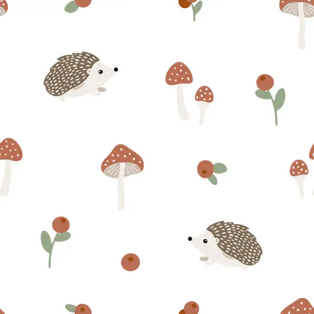 Vector illustration of Hand drawn seamless pattern with hedgehogs, berries and mushrooms