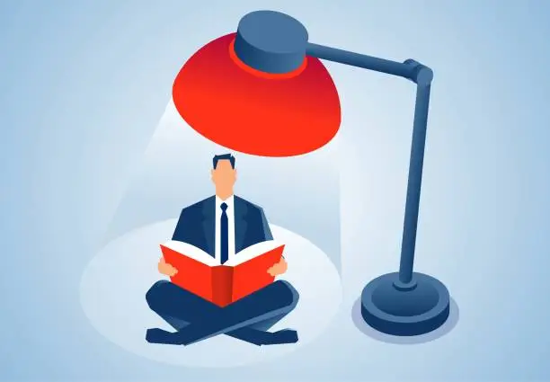 Vector illustration of Businessman reading and studying while sitting under a desk lamp, businessman reading to improve his business skills