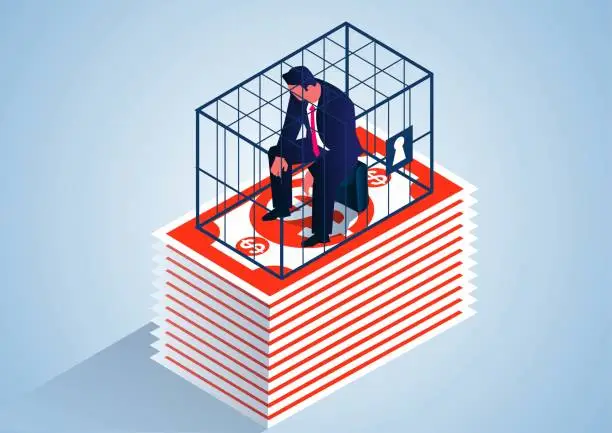 Vector illustration of Businessman trapped in money cage, business scam, debt crisis, white collar business crime