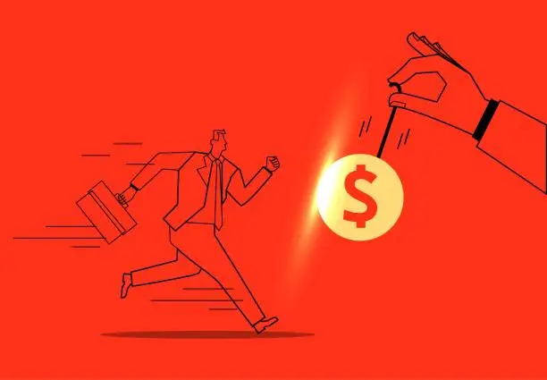 Vector illustration of Businessman chasing glowing gold coins, greed and desire to make money, business concept illustration