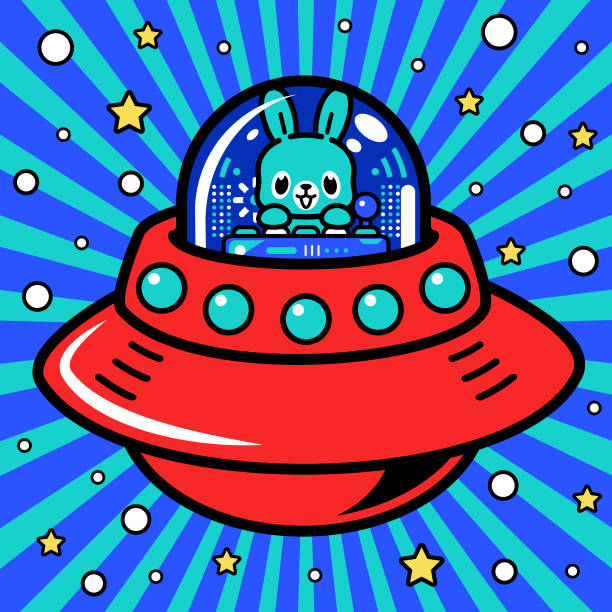 ein niedlicher kaninchen-astronaut steuert ein unlimited power-raumschiff oder ufo in das metaversum - driving speed humor video game stock-grafiken, -clipart, -cartoons und -symbole