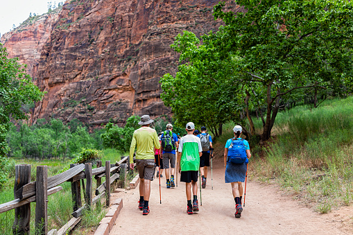 Springdale, USA - August 6, 2019: Zion National Park Riverside Narrows walk trail in Utah with people walking hiking on popular footpath by red canyon and fence railing