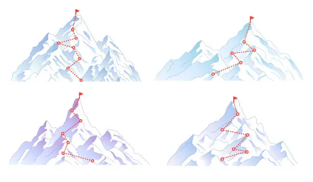 Vector illustration of Mountains. Routes of ascent to the peaks
