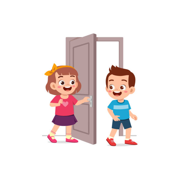 ilustrações, clipart, desenhos animados e ícones de criança abrir a porta para amigo - house cute welcome sign greeting