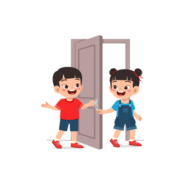 ilustraciones, imágenes clip art, dibujos animados e iconos de stock de niño pequeño abre la puerta para un amigo - house cute welcome sign greeting