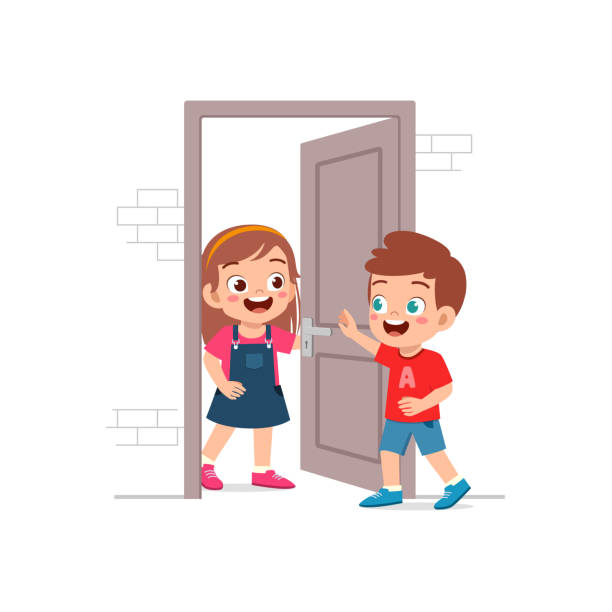 ilustraciones, imágenes clip art, dibujos animados e iconos de stock de niño pequeño abre la puerta para un amigo - house cute welcome sign greeting