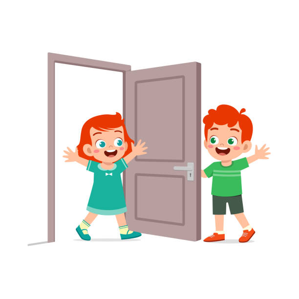 ilustraciones, imágenes clip art, dibujos animados e iconos de stock de niño pequeño abre la puerta para un amigo - house cute welcome sign greeting