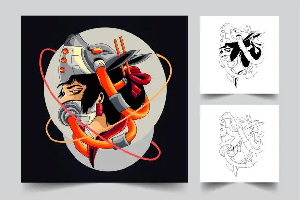 Vector illustration of The process of creating a geisha cyber logo